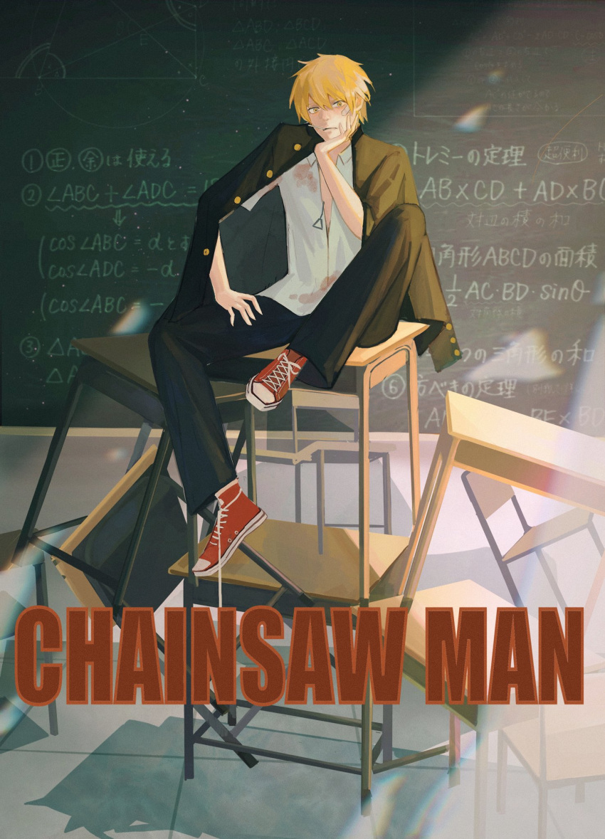 1boy blonde_hair chainsaw_man chalkboard denji_(chainsaw_man) head_on_hand highres linnetme looking_at_viewer school_uniform shoes short_hair simple_background sitting smile sneakers solo white_background