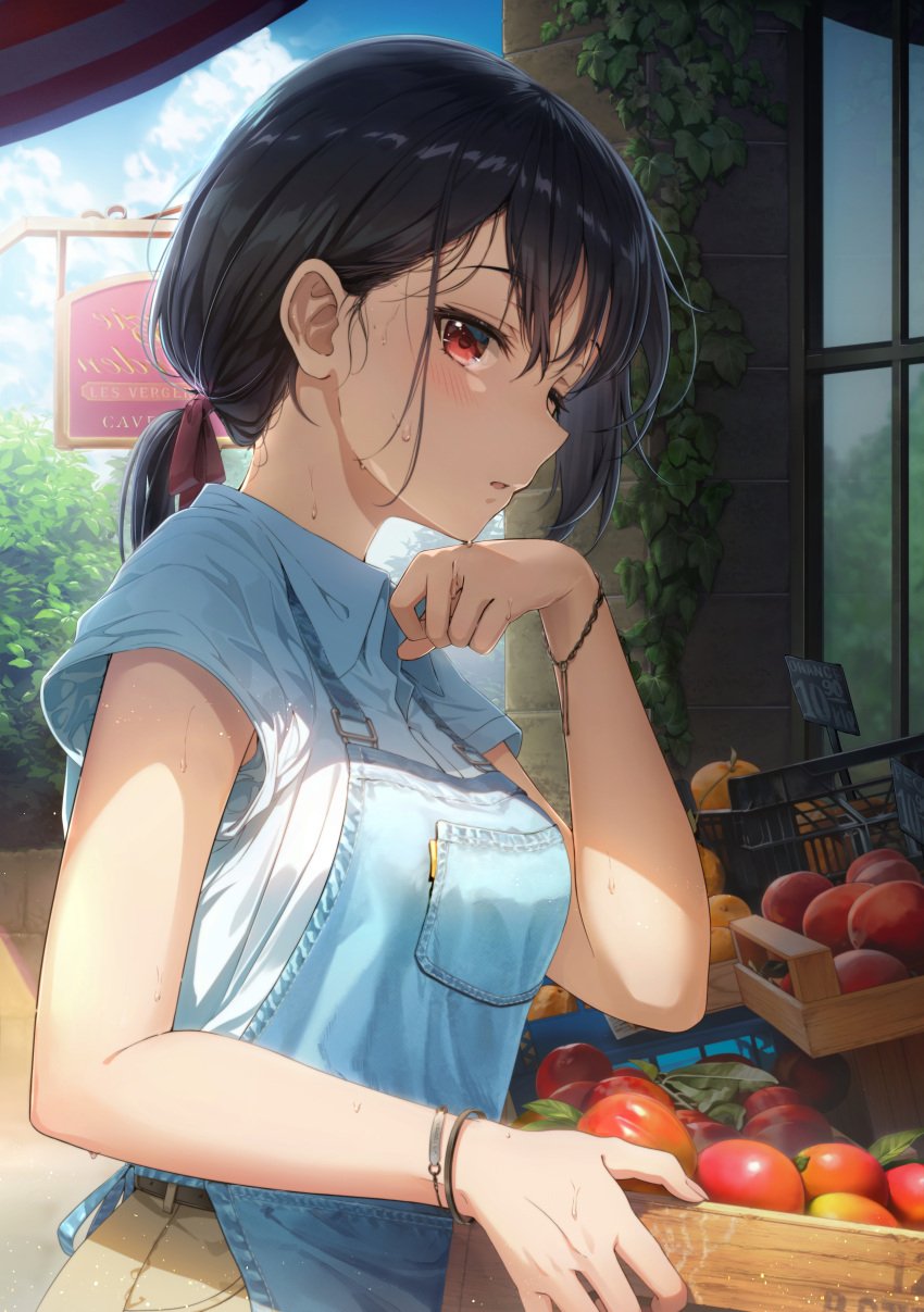 0v0_(l_seohui) 1girl absurdres apple apron black_hair blue_sky blush bracelet brown_pants bush clouds cloudy_sky commentary day denim_apron english_text food fruit hair_ribbon hand_on_own_chin highres holding jewelry light looking_at_viewer original outdoors pants ponytail red_eyes reflection ribbon shade shirt short_sleeves sidelocks sign single_sidelock sky solo standing sunlight sweatdrop symbol-only_commentary white_shirt window