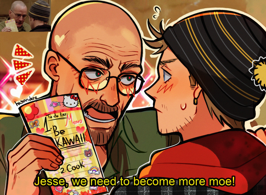 2boys artist_name bald beanie beard blush breaking_bad brown_facial_hair english_text facial_hair glasses goatee green_eyes hat highres holding holding_paper huyandere jesse_pinkman looking_at_another male_focus multiple_boys open_mouth paper photo_inset scene_reference subtitled walter_white wrinkled_skin