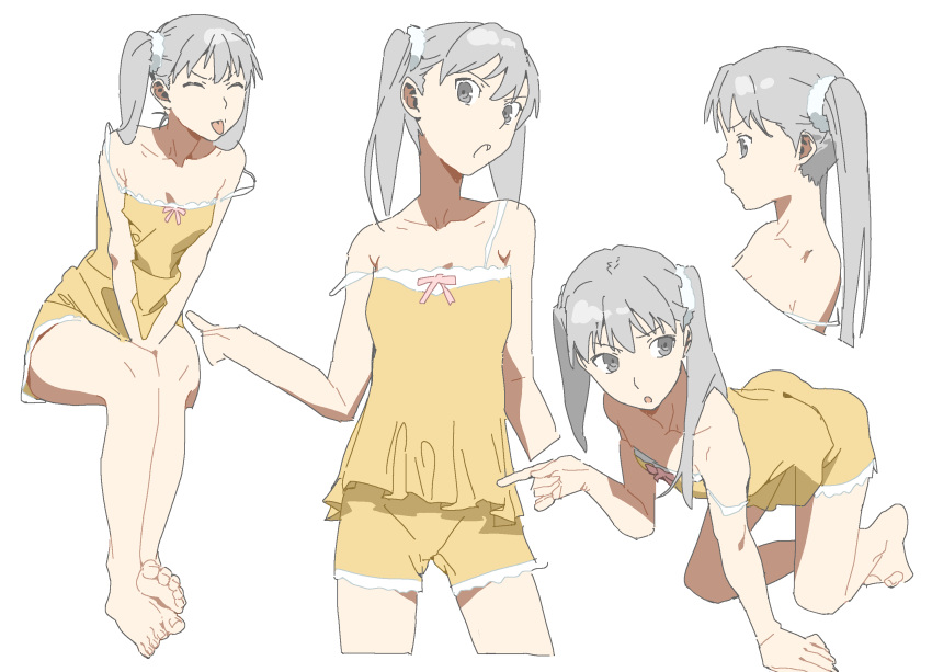 1girl bangs bare_arms bare_legs bare_shoulders barefoot between_legs camisole closed_eyes collarbone expressionless fang from_side grey_eyes grey_hair hair_ornament hair_ribbon hairclip hand_between_legs highres ichisannyonn looking_at_viewer looking_back monogatari_(series) multiple_views oikura_sodachi open_mouth owarimonogatari pajamas pointing pointing_at_another raised_eyebrows ribbon sitting sleeveless solo strap_slip tongue tongue_out twintails yellow_camisole yellow_pajamas