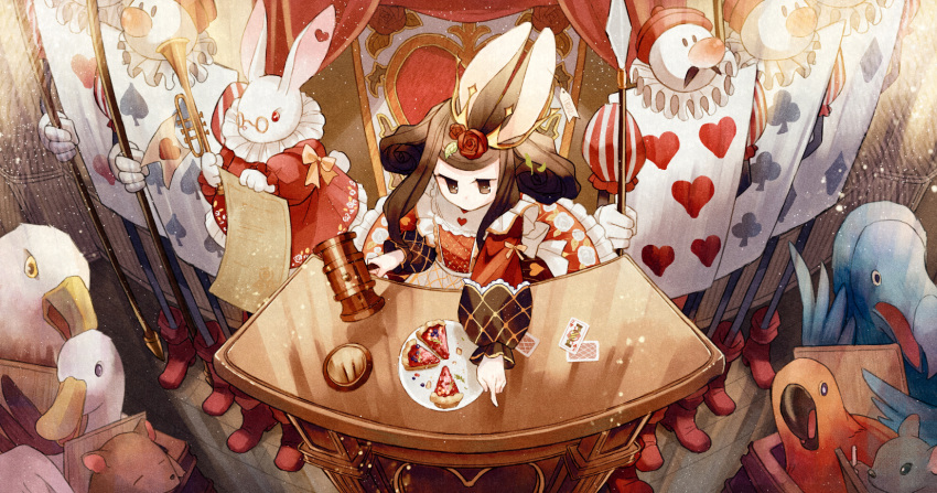 1girl 6+others alice_in_wonderland animal animal_ears bird black_hair boots brown_hair cake cake_slice card clothed_animal collared_dress courtroom curly_hair dodo_(bird) dress duck fisheye flower food gavel glasses hair_flower hair_ornament highres hinata_(echoloveloli) holding holding_instrument holding_paper holding_polearm holding_weapon indoors instrument jitome judge knee_boots light_particles lineup multiple_others opaque_glasses outstretched_arm paper plate playing_card pointing polearm puffy_short_sleeves puffy_sleeves queen_of_hearts_(alice_in_wonderland) rabbit_ears red_dress red_flower red_footwear red_nose red_rose rose short_sleeves sidelocks solo_focus standing throne tiara trumpet weapon white_rabbit_(alice_in_wonderland)