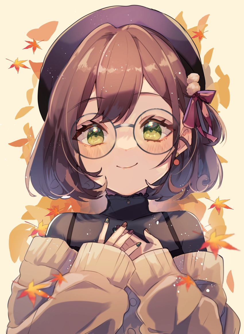 1girl :&gt; autumn autumn_leaves bangs beret black_headwear black_nails black_shirt blush bob_cut brown_hair brown_nails brown_sweater chiro_(chi-bu-ko) commentary_request glasses green_eyes hands_on_own_chest hat hat_ribbon highres looking_at_viewer multicolored_nails nail_polish off-shoulder_sweater off_shoulder original red_ribbon ribbon shirt simple_background smile solo sweater upper_body yellow_background