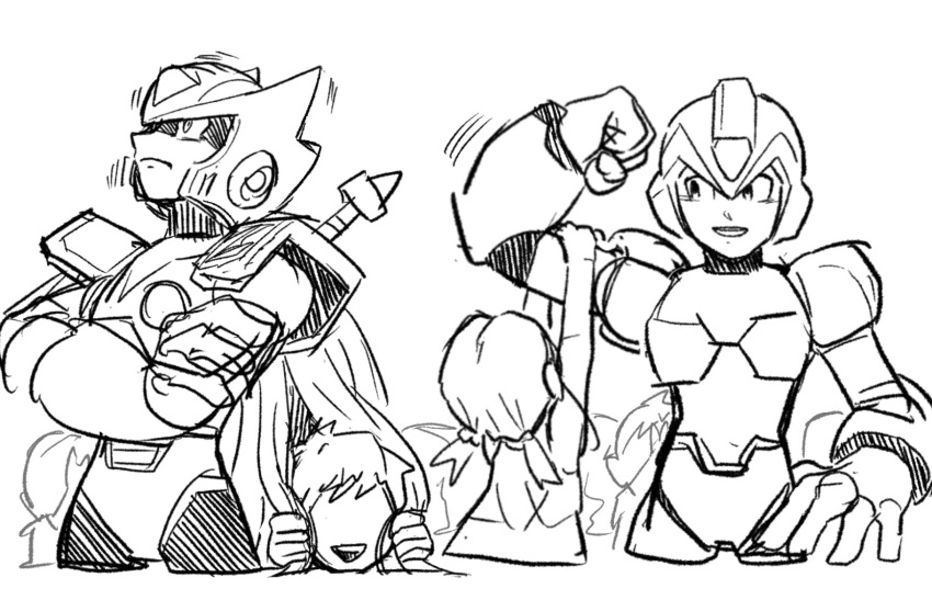 armor breastplate chest_jewel child forehead_jewel gem gloves helmet highres long_hair mechanical_arms mechanical_ears mechanical_hands mega_man_(series) mega_man_x_(character) mega_man_x_(series) playing_with_another's_hair robot serious shoulder_armor sketch smile tanaka_(is2_p) twintails zero_(mega_man)