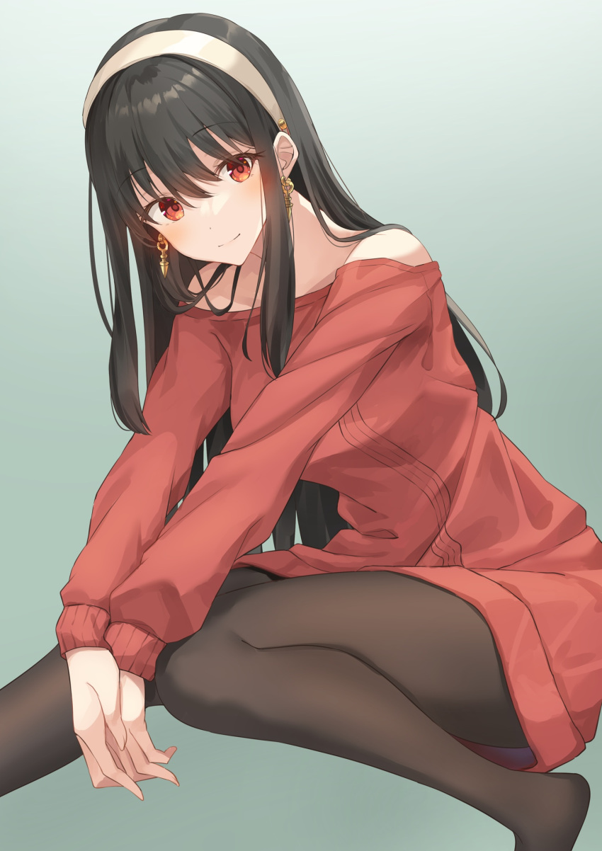 1girl aqua_background bangs bare_shoulders black_hair breasts brown_pantyhose closed_mouth dress earrings gold_earrings hairband highres jewelry kanaria_hisagi long_hair long_sleeves looking_at_viewer medium_breasts off-shoulder_sweater off_shoulder pantyhose red_eyes red_sweater sidelocks simple_background smile solo spy_x_family sweater sweater_dress thighs white_hairband yor_briar