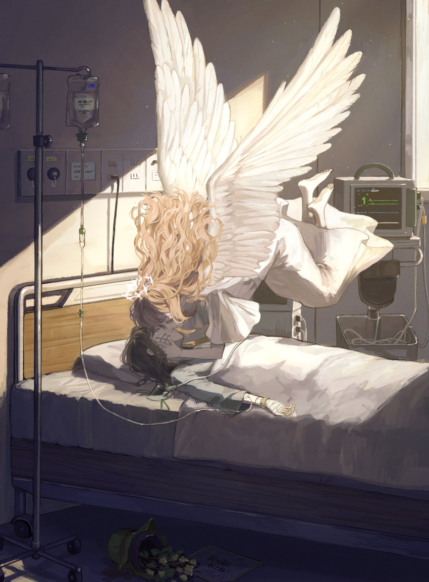 2girls absurdres angel angel_wings bandaged_hand bandages bandaid bandaid_on_face bangs barefoot bed bed_sheet brown_hair cardiogram closed_eyes commentary day dress feathered_wings feet_out_of_frame floating flower from_side gown green_eyes grey_shirt halo hands_on_another's_face highres hospital hospital_bed imminent_kiss indoors intravenous_drip long_hair long_sleeves looking_at_another lying medium_hair multiple_girls nashiko_(nanaju_ko) on_back on_bed orange_hair original parted_lips pillow shirt short_sleeves smile sunlight vase wavy_hair white_dress wide_sleeves wings yellow_flower yuri