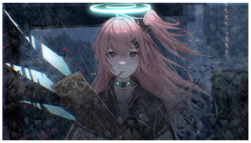 1girl ambriel_(arknights) arknights bagml black_collar black_jacket collar detached_wings eating energy_wings food gun hair_between_eyes hair_ornament hairclip halo highres holding holding_gun holding_weapon infection_monitor_(arknights) jacket long_hair mouth_hold night one_side_up outdoors pink_hair pocky rain rifle sniper_rifle upper_body violet_eyes weapon wind wings