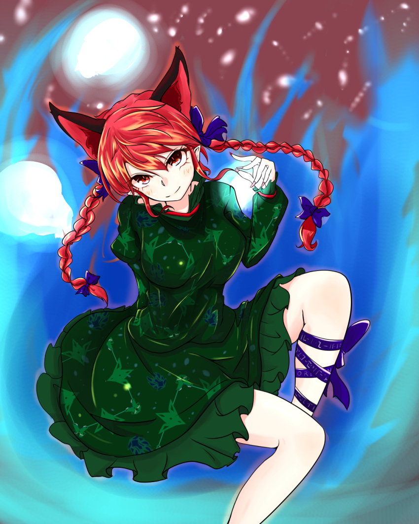 1girl animal_ears ashigaruk braid breasts cat_ears dress foot_out_of_frame from_above green_dress highres hitodama kaenbyou_rin large_breasts looking_at_viewer red_eyes redhead simple_background smile solo touhou twin_braids