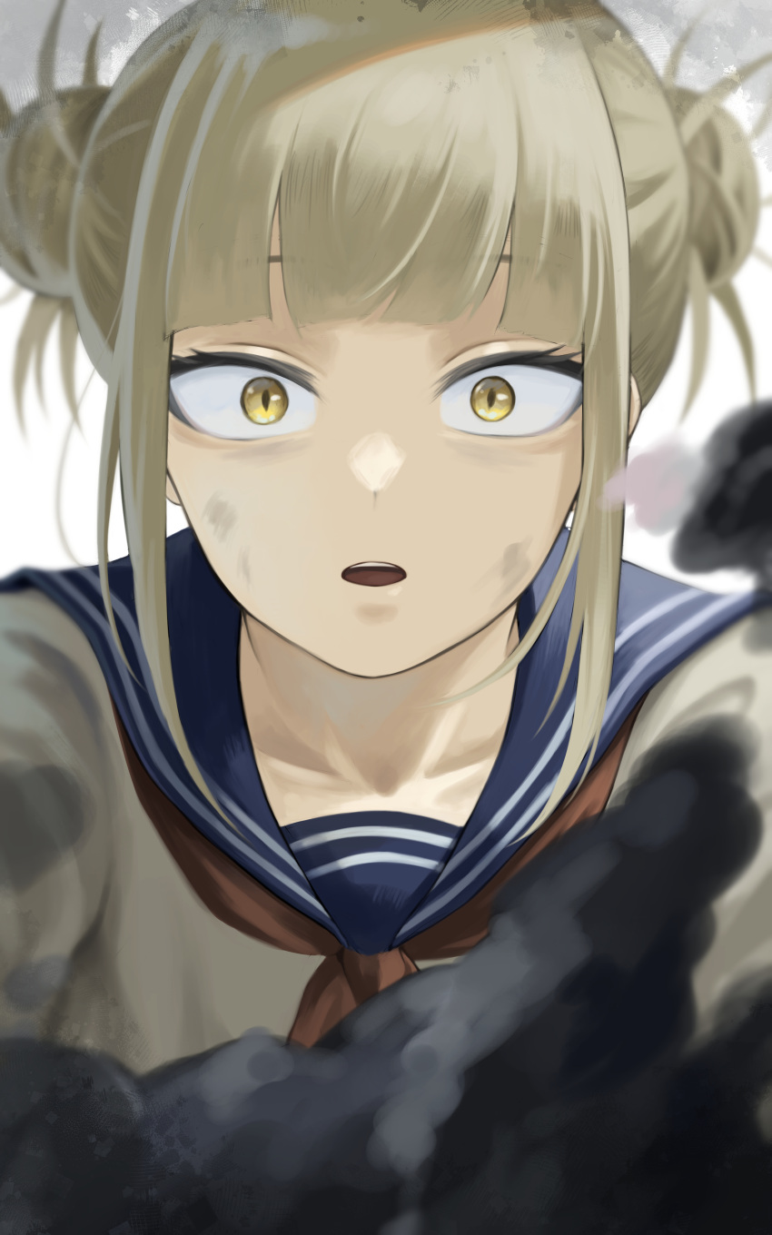 1girl absurdres blonde_hair boku_no_hero_academia collarbone dirt dirty dirty_face double_bun fengling_(furin-jp) hair_bun highres looking_at_viewer messy open_mouth sailor sailor_collar slit_pupils solo surprised toga_himiko white_background yellow_eyes