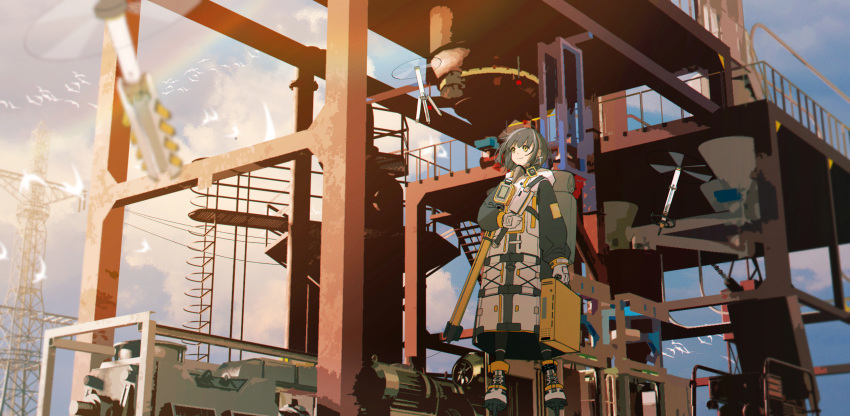 1girl absurdres arknights black_pantyhose boots brown_hair closed_mouth clouds coat commentary day drone earrings gloves grey_hair haku_(muc12b) highres holding holding_suitcase infection_monitor_(arknights) jewelry ladder lens_flare long_sleeves looking_afar magallan_(arknights) multicolored_hair pantyhose railing scenery short_hair sky smile solo streaked_hair suitcase white_coat white_footwear white_gloves wide_shot yellow_eyes