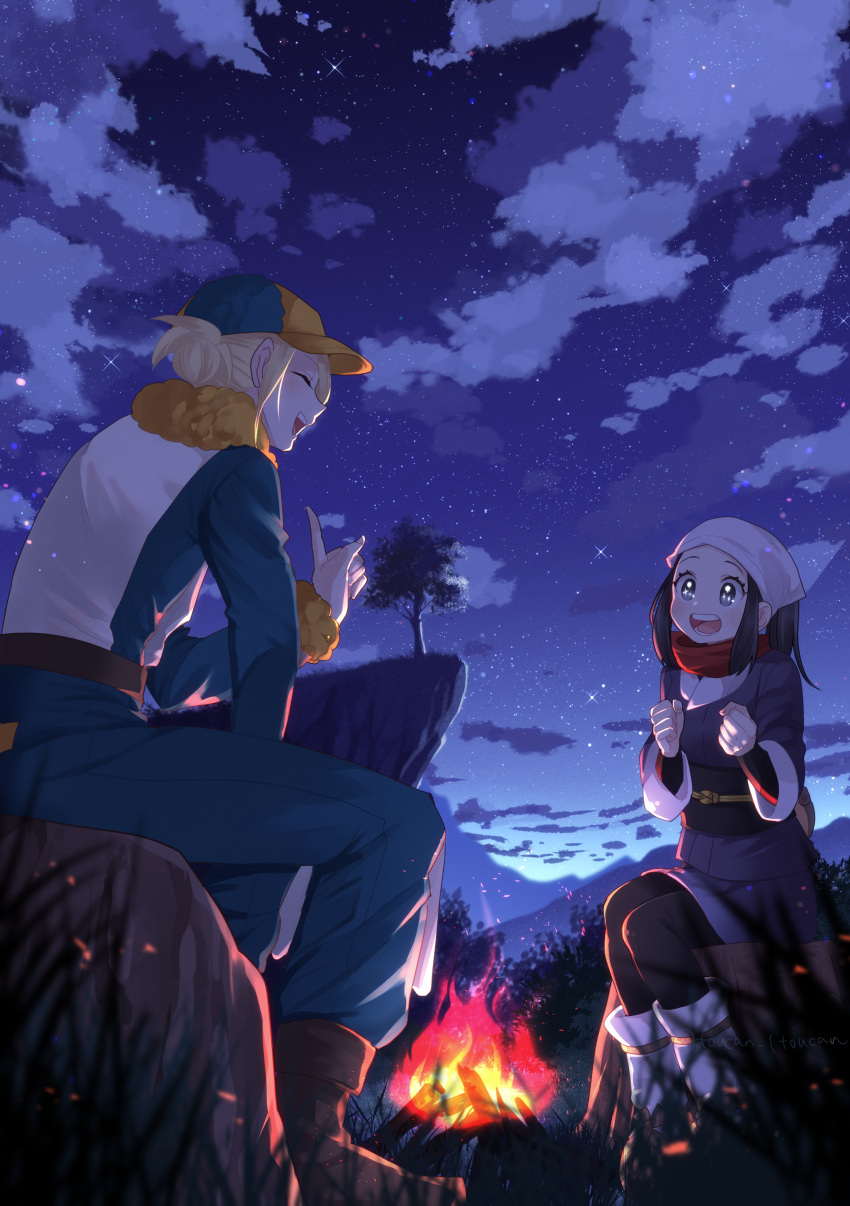 1boy 1girl absurdres akari_(pokemon) blonde_hair blue_eyes blue_hair brown_footwear campfire camping clenched_hands closed_eyes clouds cloudy_sky commentary_request grass hat highres long_hair nature open_mouth outdoors pokemon pokemon_(game) pokemon_legends:_arceus rock scarf short_hair sitting sky somehideyosi sparkling_eyes star_(sky) volo_(pokemon) white_footwear