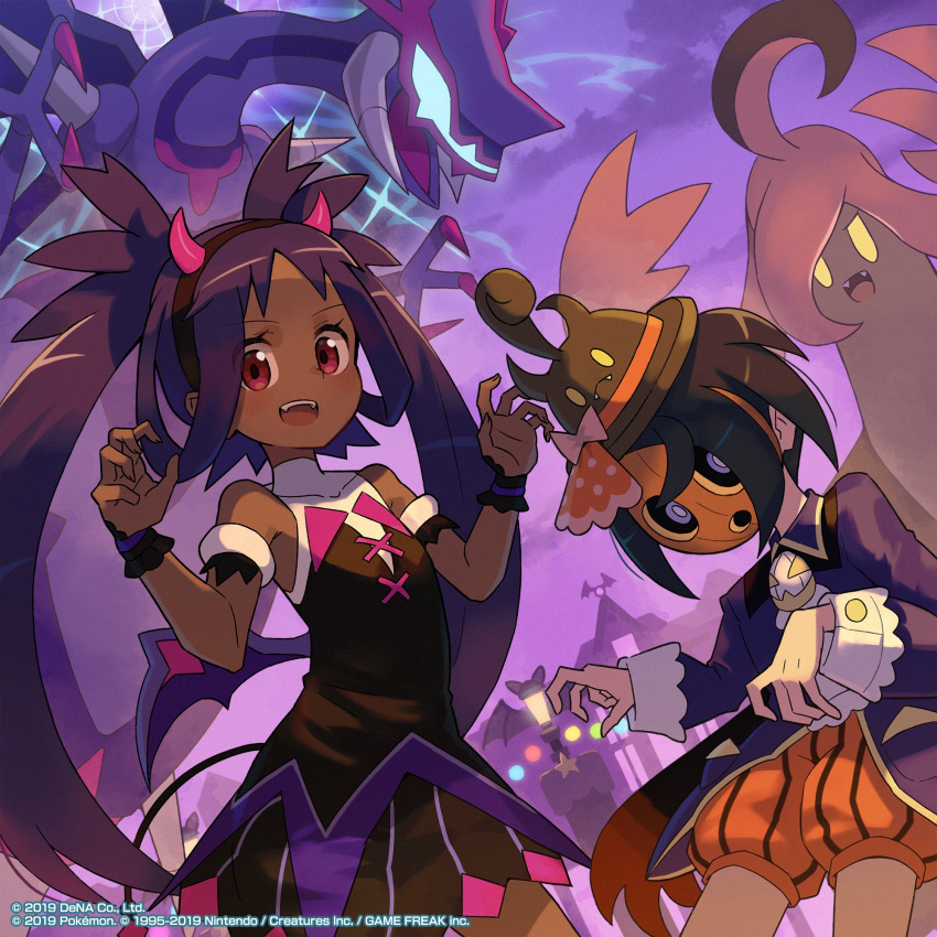 1boy 1girl allister_(pokemon) armlet artist_request bangs bare_shoulders bright_pupils brown_headwear claw_pose commentary_request covered_collarbone dark-skinned_female dark_skin dress eyelashes fake_horns gourgeist hair_rings hairband hands_up hat highres horns iris_(pokemon) long_sleeves mask naganadel night official_alternate_costume official_art open_mouth orange_shorts outdoors pokemon pokemon_(creature) pokemon_(game) pokemon_masters_ex purple_hair short_hair shorts teeth tongue twintails upper_teeth violet_eyes watermark