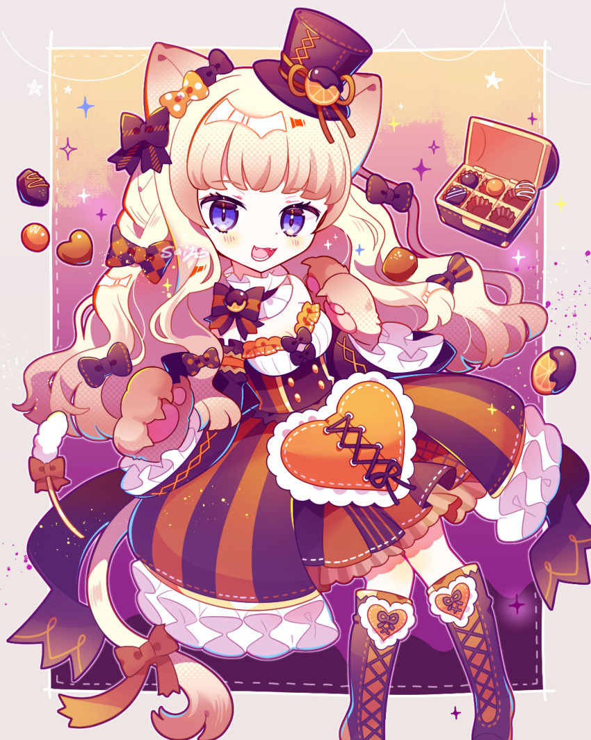 1girl :d animal_ears animal_hands blonde_hair blue_eyes boots border bow bowtie box box_of_chocolates brown_bow cat_ears cat_tail chocolate commentary_request detached_collar dress food frilled_dress frills fruit full_body gloves gradient gradient_background hair_bow halloween hands_up hat heart highres knee_boots long_hair looking_at_viewer mini_hat mini_top_hat open_mouth orange_(fruit) orange_dress orange_slice original paw_gloves pink_background polka_dot polka_dot_bow purple_dress purple_footwear saijo1201 signature smile sparkle striped striped_bow striped_bowtie striped_dress tail teeth top_hat yellow_background yellow_bow
