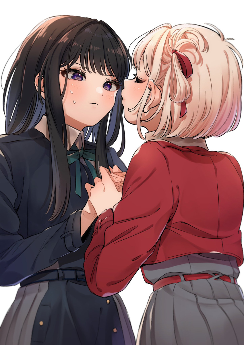 2girls bangs belt black_belt blonde_hair blue_dress blush brown_hair buttons closed_mouth collared_shirt commentary_request dress facing_another green_ribbon grey_dress grey_skirt hair_intakes hair_ribbon highres holding_hands inoue_takina jacket long_hair long_sleeves looking_at_another lycoris_recoil lycoris_uniform multiple_girls neck_ribbon nishikigi_chisato pleated_dress pleated_skirt po_(moudameda17) red_jacket red_ribbon ribbon shiny shiny_hair shirt short_hair simple_background skirt sweat two-tone_dress violet_eyes white_background yuri