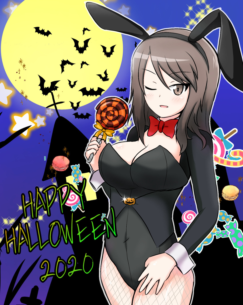 1girl alternate_costume animal_ears armorganger bangs bat_(animal) black_leotard bow bowtie breasts brown_eyes brown_hair building candy candy_cane cleavage_cutout clothing_cutout commentary cowboy_shot dated english_text fake_animal_ears fishnet_pantyhose fishnets food full_moon girls_und_panzer halloween halloween_costume happy_halloween highres holding holding_candy holding_food holding_lollipop jack-o'-lantern_ornament leotard lollipop long_hair long_sleeves looking_at_viewer macaron medium_breasts mika_(girls_und_panzer) moon night one_eye_closed open_mouth outline pantyhose playboy_bunny rabbit_ears red_bow red_bowtie smile standing star_(symbol) white_outline