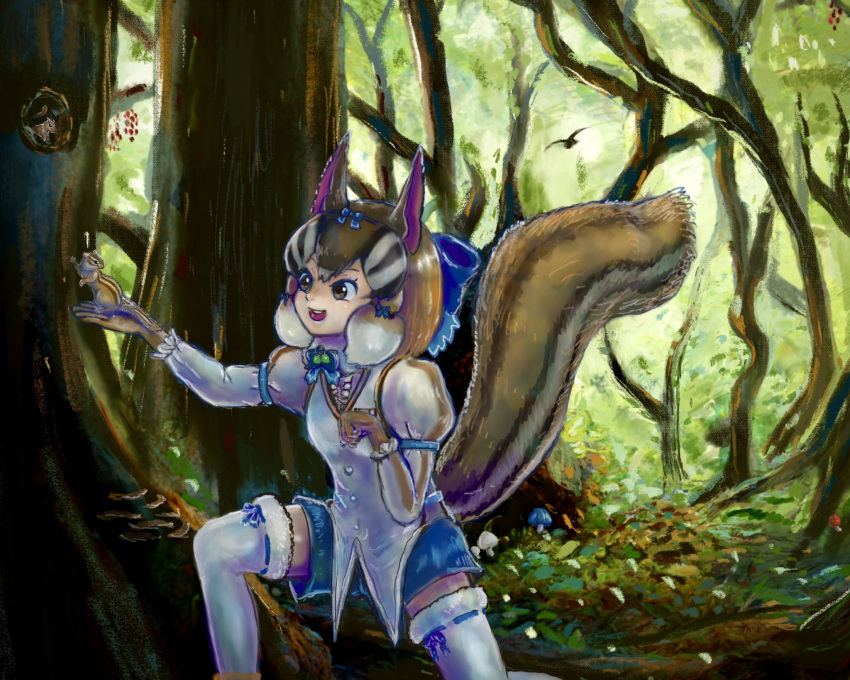 1girl animal_costume animal_ear_fluff animal_ears bow bowtie brown_eyes brown_hair chipmunk chipmunk_costume chipmunk_ears chipmunk_girl chipmunk_tail extra_ears forest gloves highres kani_misomiso kemono_friends kemono_friends_v_project kneehighs microphone multicolored_hair nature ribbon scarf shirt short_hair shorts siberian_chipmunk_(kemono_friends) socks solo squirrel tail vest virtual_youtuber white_hair