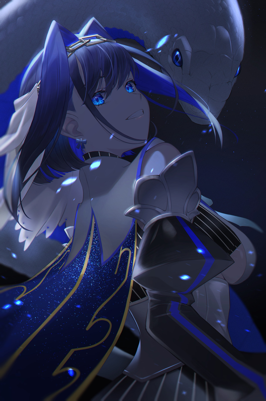 1girl blue_eyes blue_hair cape detached_sleeves earrings grin highres hololive hololive_english jewelry long_hair looking_at_viewer open_mouth ouro_kronii skymax sleeveless smile snake teeth virtual_youtuber