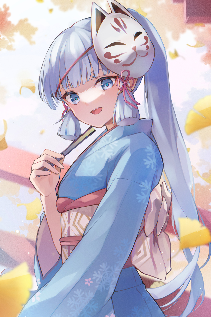 1girl 7aka_ne11 :d absurdres alternate_costume bangs blue_eyes blue_hair blue_kimono chinese_knot commentary_request day folded_fan folding_fan fox_mask genshin_impact hand_fan hand_up highres holding holding_fan japanese_clothes kamisato_ayaka kimono long_hair long_sleeves looking_at_viewer mask mask_on_head obi open_mouth outdoors ponytail sash smile snowflake_print solo upper_body yukata