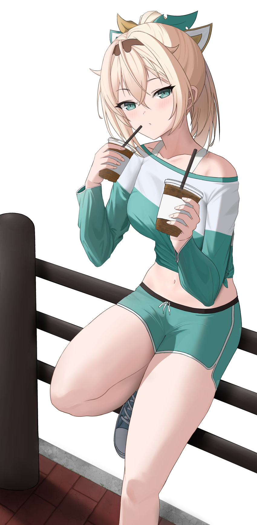 1girl absurdres alternate_costume bangs blonde_hair blue_eyes casual closed_mouth collarbone cropped_shirt cup disposable_cup drinking_straw feet_out_of_frame green_shirt green_shorts hair_between_eyes hair_ornament higasino3ldk highres holding holding_cup hololive kazama_iroha leaf_hair_ornament leaning_on_rail legs long_hair long_sleeves looking_at_viewer midriff navel off-shoulder_shirt off_shoulder ponytail shirt short_shorts shorts solo two-tone_shirt virtual_youtuber white_shirt