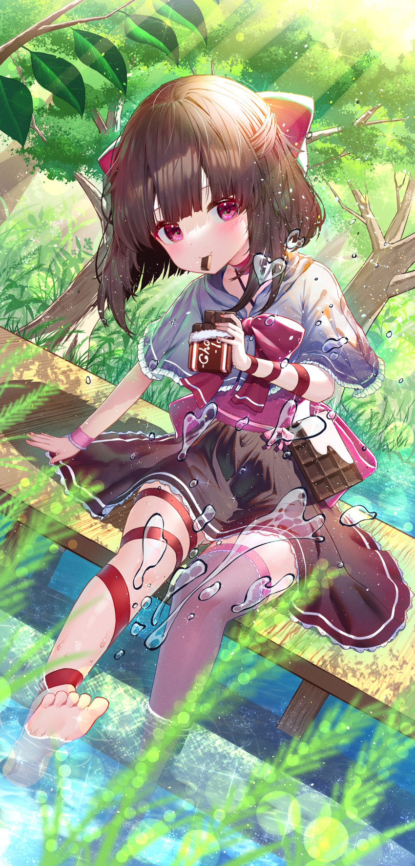 1girl absurdres bangs barefoot blue_capelet blush bow brown_hair brown_skirt capelet chocolate commentary_request commission dock eating fallenshadow food_in_mouth forest frilled_capelet frills hair_bow head_tilt highres indie_virtual_youtuber kiramarukou leg_ribbon nature non-web_source outdoors pink_sash plant red_bow red_eyes red_ribbon ribbon sash short_hair single_thighhigh sitting skeb_commission skirt soaking_feet solo splashing thigh-highs tree virtual_youtuber water water_drop