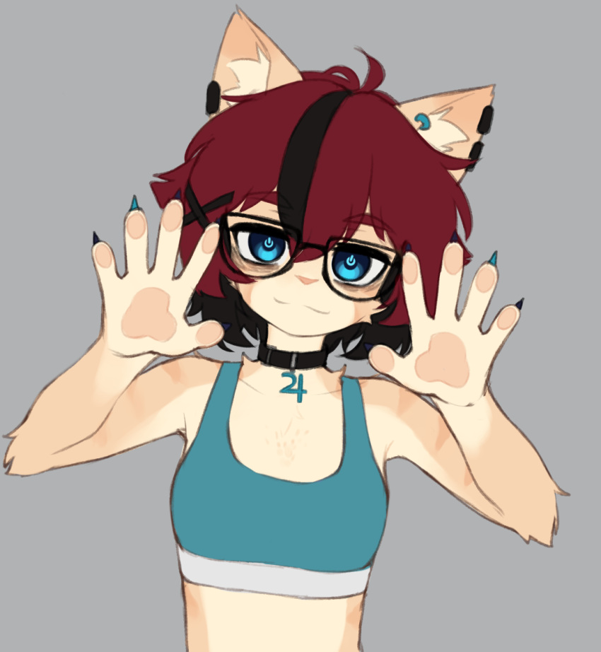 1girl :3 aeiou_(yoako) animal_ear_fluff animal_nose bags_under_eyes bangs bare_arms bare_shoulders black-framed_eyewear black_collar black_hair blue_eyes body_fur claws collar commentary earclip english_commentary furry furry_female glasses grey_background hair_between_eyes hair_ornament hands_up highres jupiter_symbol looking_at_viewer multicolored_hair original pawpads power_symbol-shaped_pupils redhead short_hair simple_background smile solo sports_bra streaked_hair two-tone_hair upper_body x_hair_ornament yoako