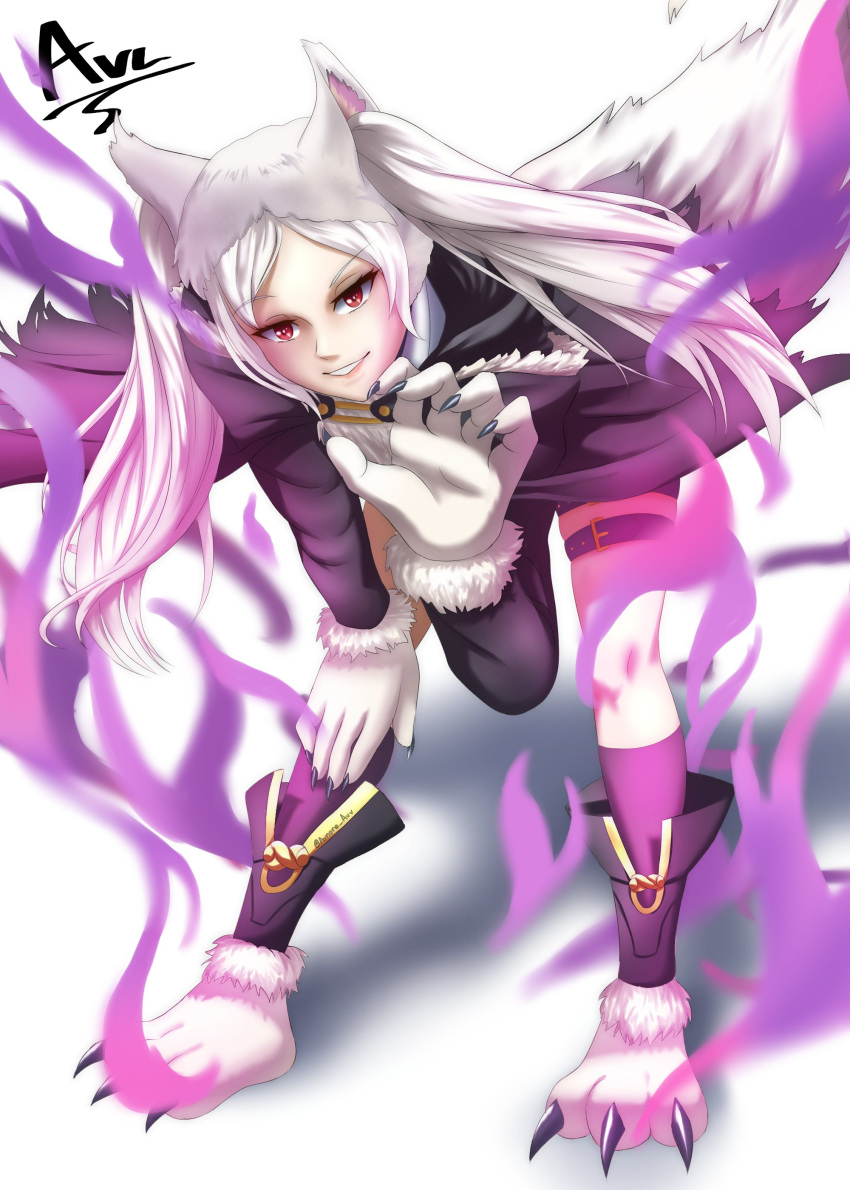 1girl absurdres animal_ears animal_feet avnore_avv bent_over claws fake_animal_ears fake_claws fire fire_emblem fire_emblem_awakening fire_emblem_heroes foreshortening fur-trimmed_gloves fur_trim gloves grima_(fire_emblem) grin halloween halloween_costume highres hooded_coat leaning_forward long_hair lowered_eyelids official_alternate_costume possessed purple_fire purple_socks red_eyes robin_(fire_emblem) smile socks solo tail teeth thigh_strap thighs twintails watermark white_background white_fur white_gloves white_hair wolf_ears wolf_girl wolf_paws wolf_tail