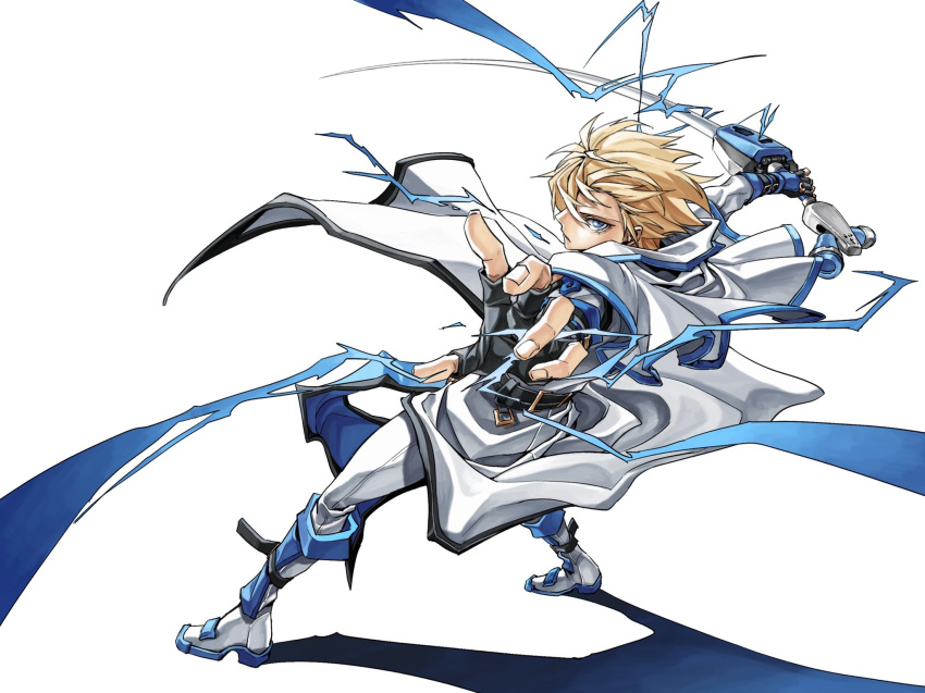 1boy bangs black_gloves blonde_hair blue_eyes closed_mouth coat dong_hole electricity fingerless_gloves full_body gloves guilty_gear highres holding holding_sword holding_weapon ky_kiske looking_at_viewer male_focus pants short_hair simple_background standing sword weapon white_background white_coat white_footwear white_pants