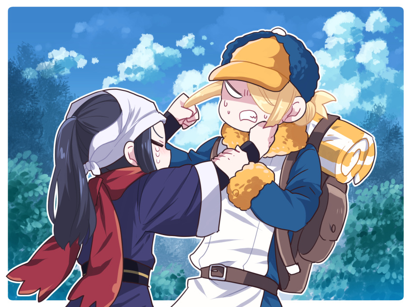 1boy 1girl akari_(pokemon) bag blonde_hair blue_hair clenched_teeth closed_eyes clouds cloudy_sky commentary_request crying grabbing_another's_hair hat highres long_hair outdoors pokemon pokemon_(game) pokemon_legends:_arceus ponytail scarf short_hair sky somehideyosi sweat teeth tree volo_(pokemon)