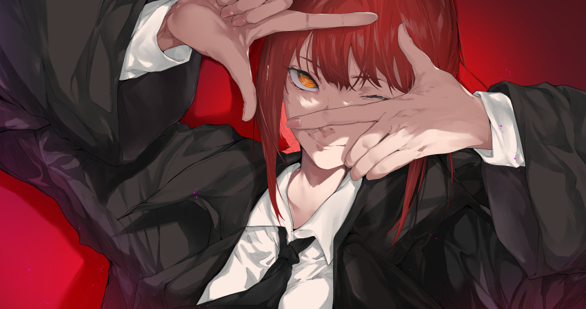 1girl ;) absurdres black_jacket black_necktie chainsaw_man finger_frame formal highres jacket kosmo1214 long_sleeves looking_at_viewer makima_(chainsaw_man) necktie one_eye_closed red_background redhead ringed_eyes shirt sidelocks smile solo white_shirt yellow_eyes