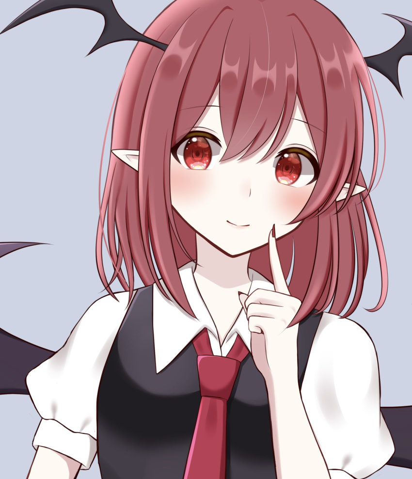 1girl bat_wings grey_background head_wings highres index_finger_raised koakuma light_smile looking_at_viewer piyoru_nico pointy_ears red_eyes redhead shirt simple_background solo touhou upper_body wings