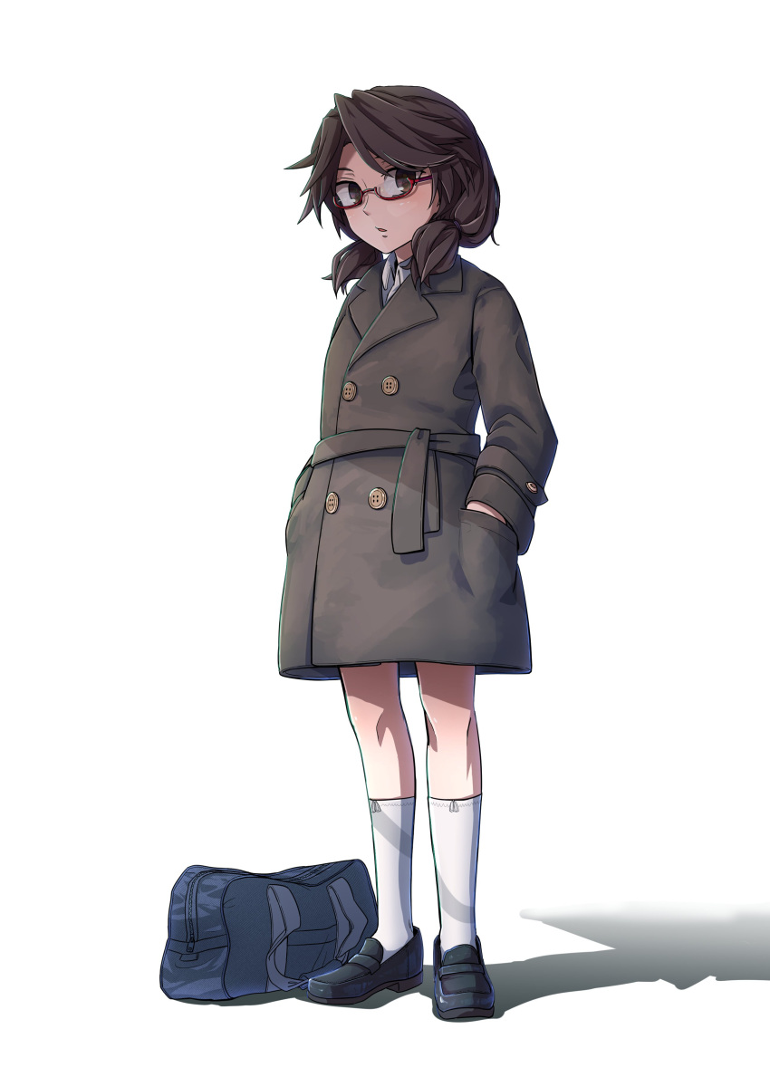 1girl absurdres bag black_footwear brown_coat brown_hair buttons coat double-breasted duffel_bag glasses hand_in_pocket highres kusiyan looking_at_viewer open_mouth red-framed_eyewear shadow socks solo touhou usami_sumireko white_background white_socks