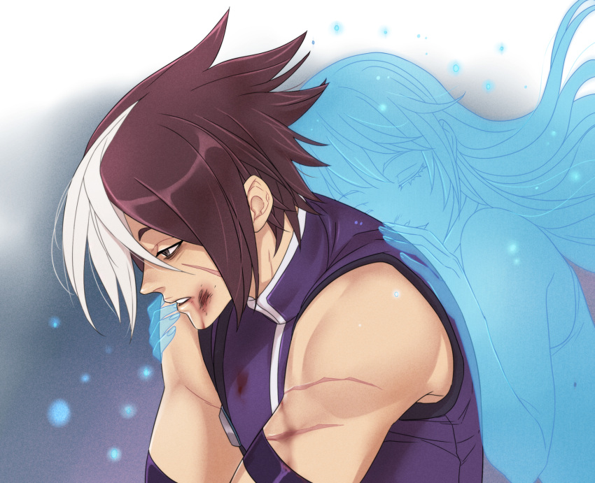 1boy 1girl black_hair bleeding blood blood_on_face bruise couple crylin6 cuts grabbing grabbing_from_behind highres hug hug_from_behind injury isolde_(kof) long_hair male_focus multicolored_hair muscular muscular_male nameless_(kof) scar scar_across_eye scar_on_arm scar_on_cheek scar_on_face scratches shirt sleeveless sleeveless_shirt snk the_king_of_fighters the_king_of_fighters_2002 two-tone_hair white_hair