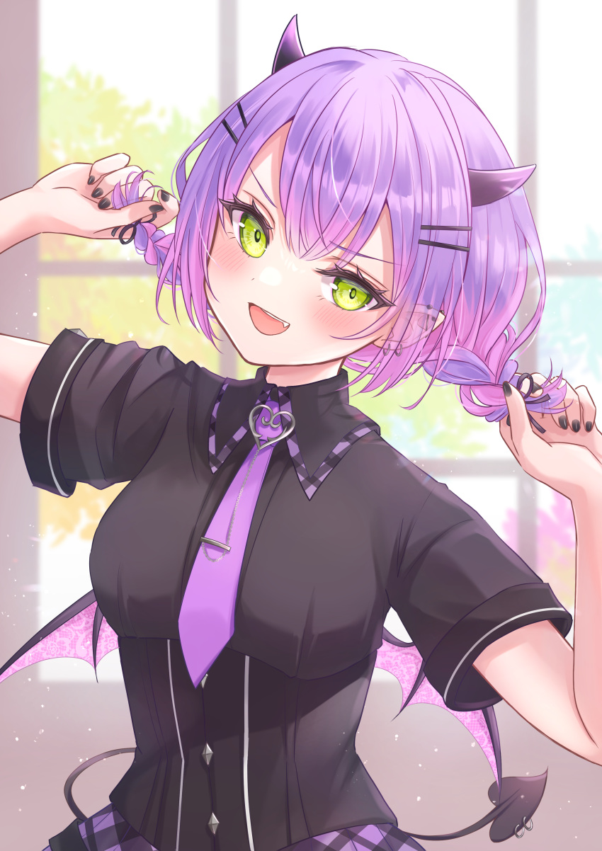 1girl absurdres bangs black_nails black_shirt braid demon_horns demon_tail ear_piercing earrings fang green_eyes hair_ornament hairclip hands_up highres holding holding_hair hololive horns jewelry looking_at_viewer medium_hair multicolored_hair nail_polish necktie null_maru official_alternate_costume open_mouth piercing purple_hair purple_necktie shirt short_sleeves solo tail tail_ornament tail_piercing tokoyami_towa twin_braids upper_body virtual_youtuber wings