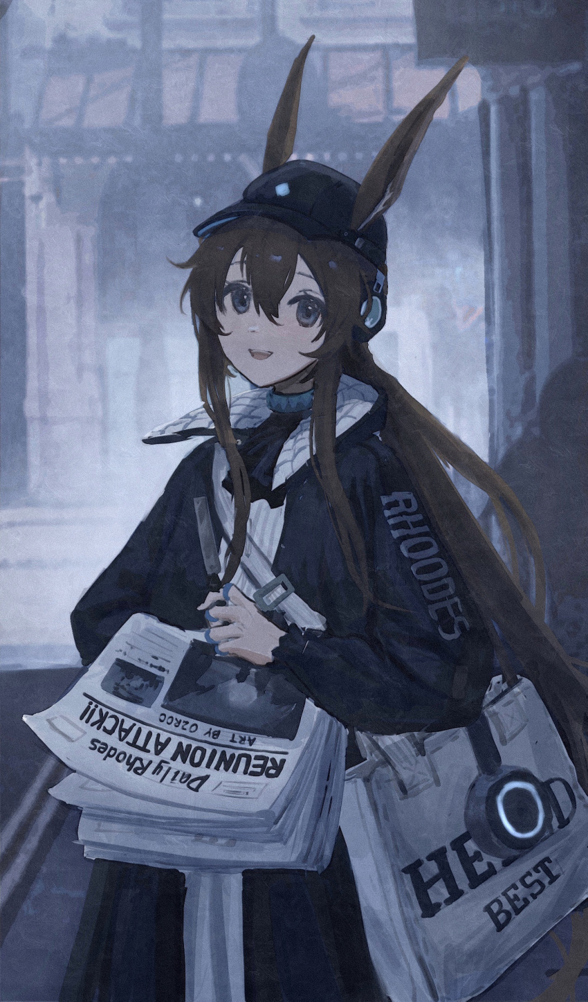 1girl amiya_(arknights) amiya_(newsgirl)_(arknights) animal_ears arknights ascot bag bagml blue_ascot blue_coat blue_collar blue_eyes brown_hair building clothes_writing coat collar cowboy_shot english_text highres holding holding_newspaper implied_extra_ears jewelry long_hair long_sleeves looking_at_viewer multiple_rings neck_ring newspaper official_alternate_costume open_mouth outdoors rabbit_ears rabbit_girl ring shirt shoulder_bag smile solo white_shirt