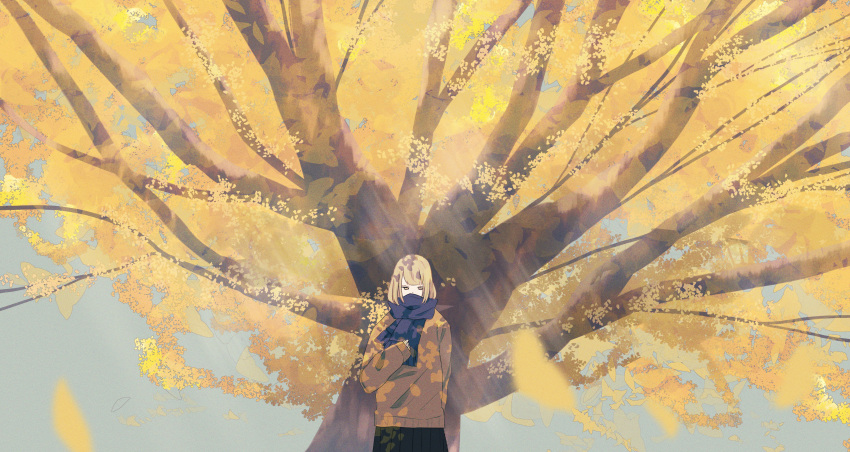 1girl absurdres autumn black_skirt blonde_hair brown_sweater day hand_up highres looking_down medium_hair original outdoors pleated_skirt scarf scarf_over_mouth scenery shion_08 skirt sky sleeves_past_wrists solo sweater tree