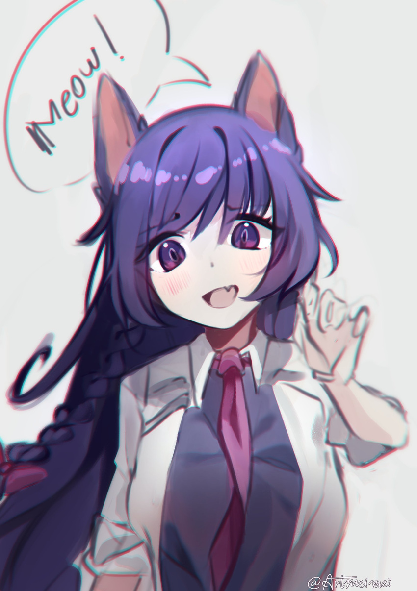 1girl :d absurdres animal_ears blurry blush bow braid cat_ears cat_girl chromatic_aberration claw_pose commentary dark_skin embarrassed eyes_visible_through_hair frown grey_background hand_up highres indie_virtual_youtuber jacket long_hair mai_noboshi mel_mei necktie open_mouth pink_bow pink_necktie purple_hair purple_shirt shirt sidelocks single_braid smile solo spanish_commentary speech_bubble twitter_username violet_eyes virtual_youtuber white_background white_jacket wing_collar witch