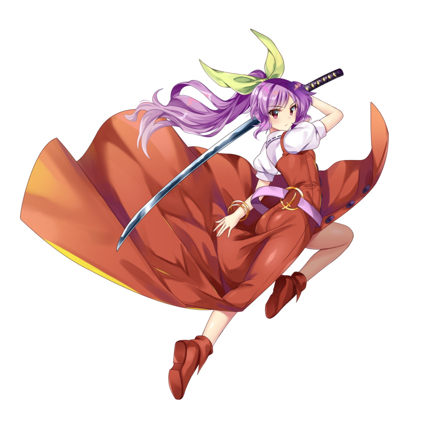 belt boots bow bracelet breasts brown_footwear buttons dress hair_ribbon highres jewelry katana long_hair loose_belt non-web_source ponytail purple_hair red_dress red_eyes ribbon silent_sinner_in_blue small_breasts solo sword touhou touhou_bougetsushou violet_eyes watatsuki_no_yorihime weapon