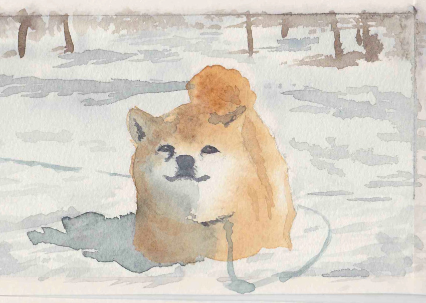 animal animal_focus dog highres no_humans original outdoors painting_(medium) scenery shiba_inu snow traditional_media watercolor_(medium) winter