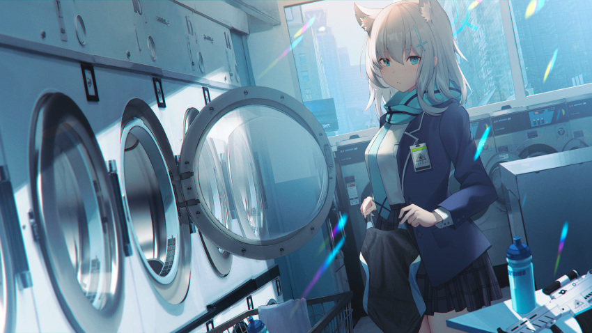1girl absurdres animal_ear_fluff animal_ears bangs black_jacket black_one-piece_swimsuit black_skirt blue_archive blue_scarf extra_ears grey_hair hair_ornament hairclip halo highres holding holding_clothes holding_swimsuit jacket laundromat long_sleeves looking_at_viewer medium_hair necktie open_clothes open_jacket pleated_skirt sagiri_(ulpha220) scarf shiroko_(blue_archive) shirt skirt solo swimsuit two-tone_swimsuit wolf_ears
