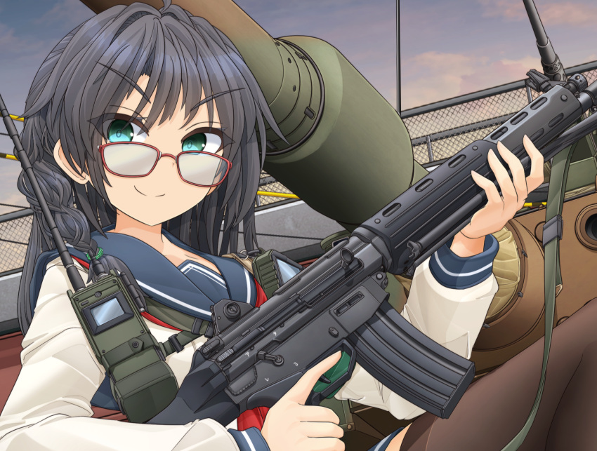 1girl assault_rifle bangs black_hair black_thighhighs blue_sailor_collar blue_skirt braid chain-link_fence closed_mouth commentary_request fence glasses ground_vehicle gun hair_tie highres holding holding_gun holding_weapon howa_type_89 long_hair long_sleeves looking_at_viewer looking_over_eyewear mikeran_(mikelan) military military_vehicle miniskirt motor_vehicle original outdoors radio red-framed_eyewear rifle sailor_collar school_uniform serafuku shirt side_braid skirt sky smile solo tank thigh-highs trigger_discipline twilight weapon white_shirt