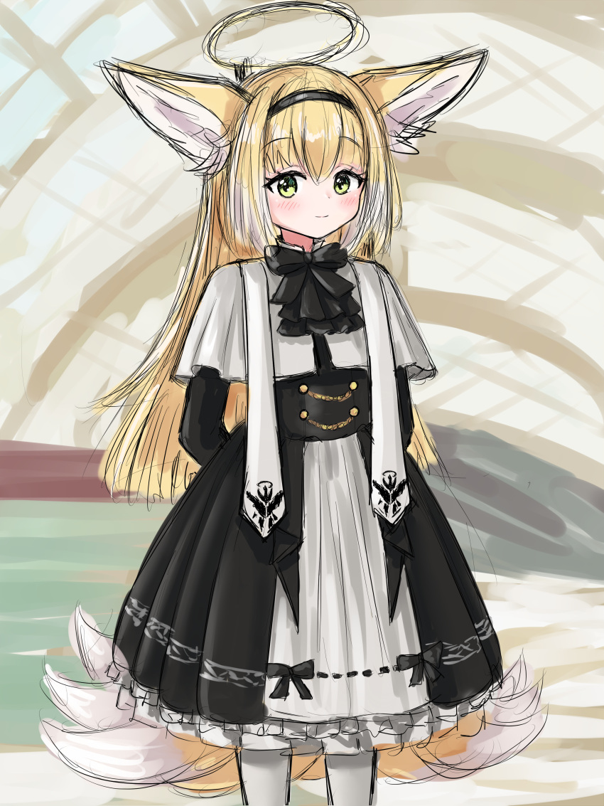 1girl absurdres animal_ears arknights arms_behind_back bangs black_bow black_dress black_hairband blonde_hair blush bow closed_mouth commentary dress fox_ears fox_girl fox_tail frilled_dress frills green_eyes hairband halo highres indoors kitsune long_hair looking_at_viewer multicolored_hair pantyhose rylaera sketch smile solo standing suzuran_(arknights) tail two-tone_hair very_long_hair white_hair white_pantyhose