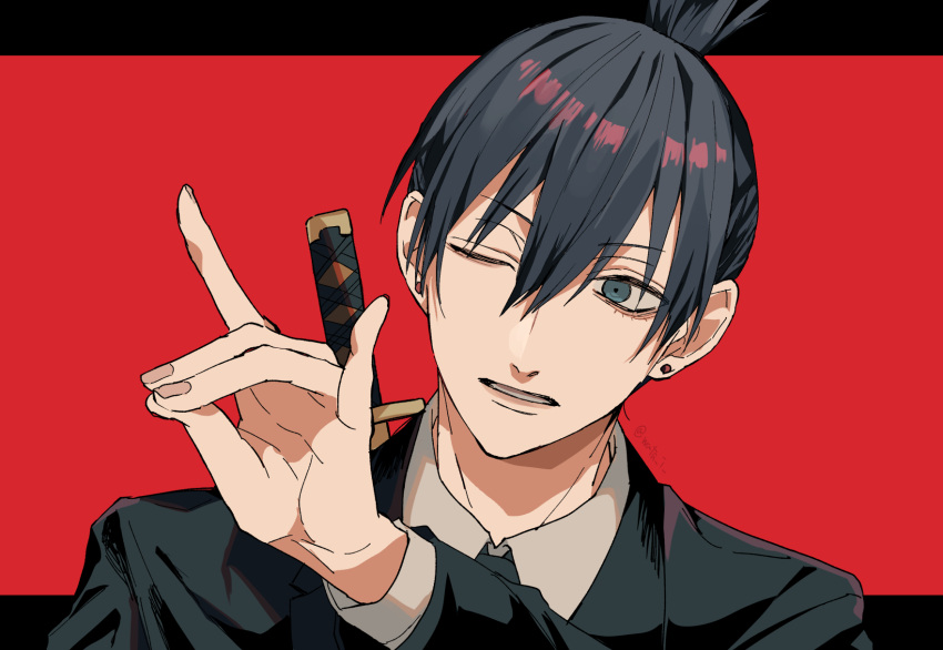 1boy bangs black_hair chainsaw_man ear_piercing formal fox_shadow_puppet hair_between_eyes hand_gesture hayakawa_aki highres katana letterboxed looking_at_viewer looking_to_the_side male_focus necktie one_eye_closed piercing red_background short_hair simple_background solo suit sword topknot wata_i weapon