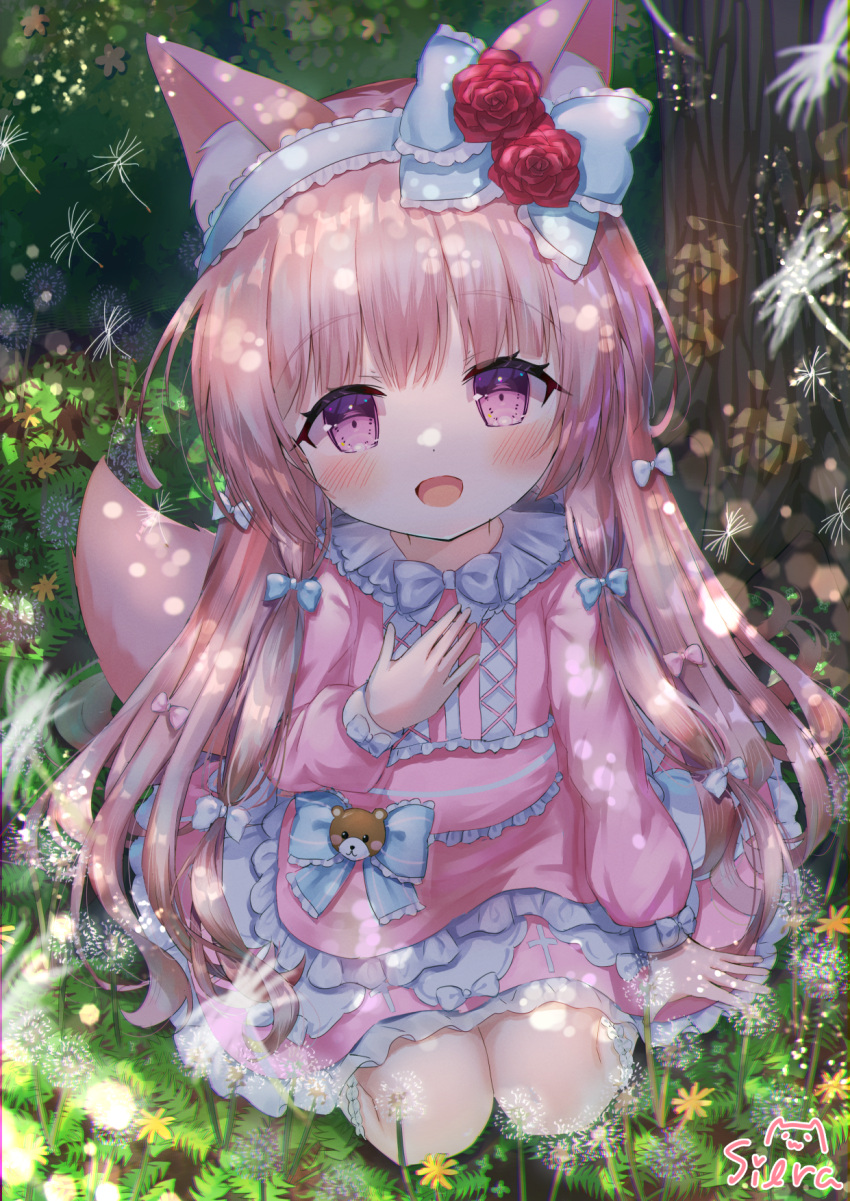 1girl :d animal_ear_fluff animal_ears bangs blue_bow blue_hairband blush bow character_request commentary_request commission day dress flower frilled_bow frilled_dress frilled_hairband frilled_socks frills hair_bow hairband hand_up highres kneehighs long_sleeves looking_at_viewer on_ground outdoors pink_bow pink_dress pink_hair puffy_long_sleeves puffy_sleeves red_flower red_rose rose rou-kyuu-bu! siera_(sieracitrus) signature sitting skeb_commission smile socks solo striped striped_bow tail violet_eyes wariza white_socks yellow_flower
