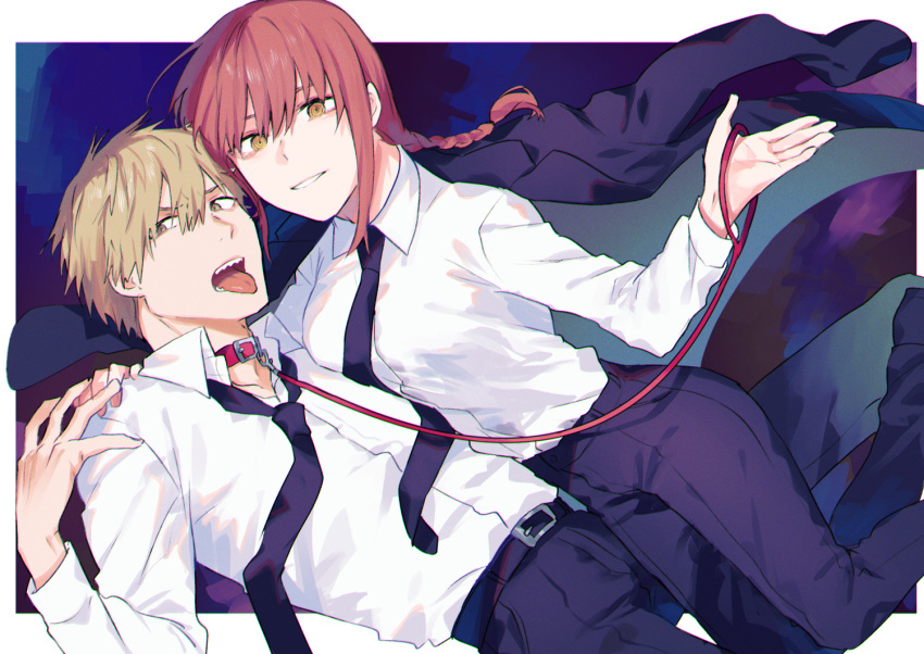 1boy 1girl bangs belt blonde_hair breasts chainsaw_man denji_(chainsaw_man) eyebrows_hidden_by_hair formal hair_between_eyes holding holding_leash leash long_hair looking_at_viewer makima_(chainsaw_man) moegi0926 necktie open_mouth pants red_eyes shirt short_hair smile suit teeth tongue tongue_out white_shirt yellow_eyes