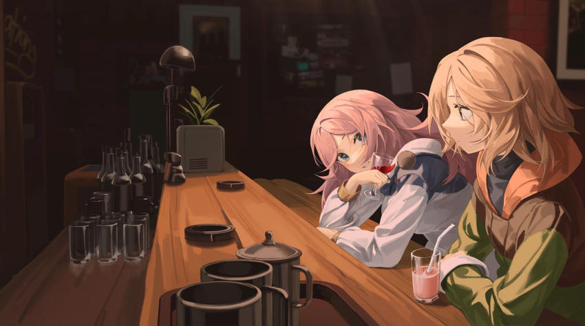 2girls absurdres bangs bar_(place) black_shirt blonde_hair blue_eyes blush character_request closed_mouth cup drinking_glass eastward from_side green_jacket highres holding holding_cup jacket long_hair long_sleeves looking_at_another looking_away mug multicolored_clothes multicolored_jacket multiple_girls open_mouth pink_hair rui_(rei_leyi) scenery shirt smile turtleneck two-tone_jacket upper_body white_jacket wine_glass
