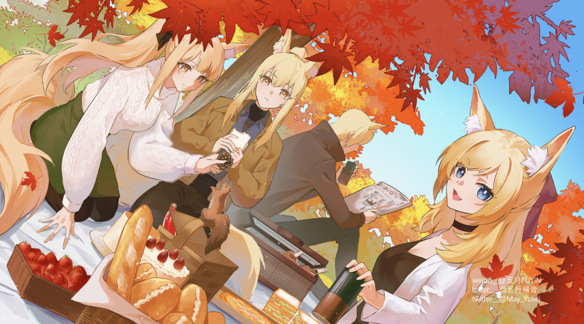 1boy 3girls :t animal_ear_fluff animal_ears arknights aunt_and_niece autumn_leaves basket black_bow black_choker black_pantyhose blemishine_(arknights) blue_eyes blue_shirt blue_sky bottle bow bread breasts bright_pupils brown_jacket cake choker cup day dutch_angle eating extra_ears food gogatsu_fukuin grass green_skirt hair_bow highres holding holding_cup holding_food horse_boy horse_ears horse_girl horse_tail jacket kneeling leaf lofter_username long_hair long_sleeves looking_at_viewer maple_leaf mlynar_(arknights) multiple_girls nearl_(arknights) open_clothes open_jacket open_mouth orange_eyes outdoors pantyhose picnic pinecone ponytail reading shirt short_hair siblings sidelocks sisters sitting skirt sky small_breasts sweater tail twitter_username uncle_and_niece very_long_hair weibo_username whislash_(arknights) white_pupils white_sweater yellow_eyes