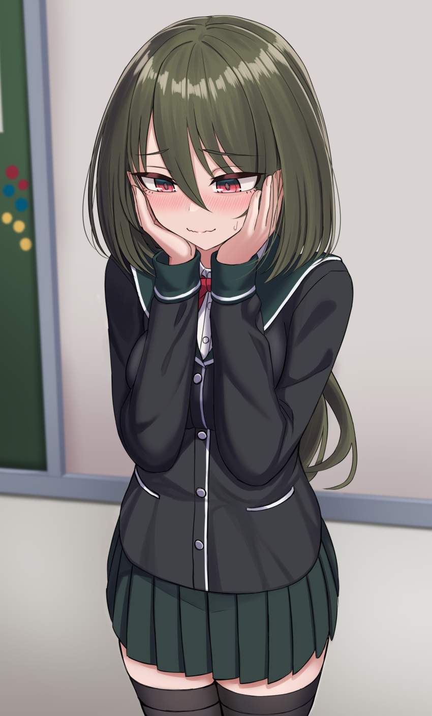 1girl absurdres black_jacket black_thighhighs blazer blush buttons closed_mouth cowboy_shot green_hair green_skirt hair_between_eyes hands_on_own_cheeks hands_on_own_face highres jacket long_hair long_sleeves original pleated_skirt red_eyes sayano_(yakob_labo) school_uniform skirt solo thigh-highs yakob_labo