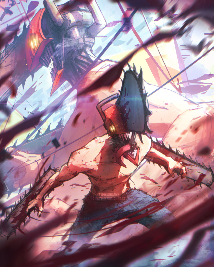 1boy absurdres blood blood_on_weapon blood_splatter chainsaw chainsaw_man denji_(chainsaw_man) glowing glowing_eyes highres open_mouth sharp_teeth solo stephengiannart teeth tongue tongue_out topless topless_male weapon white_background