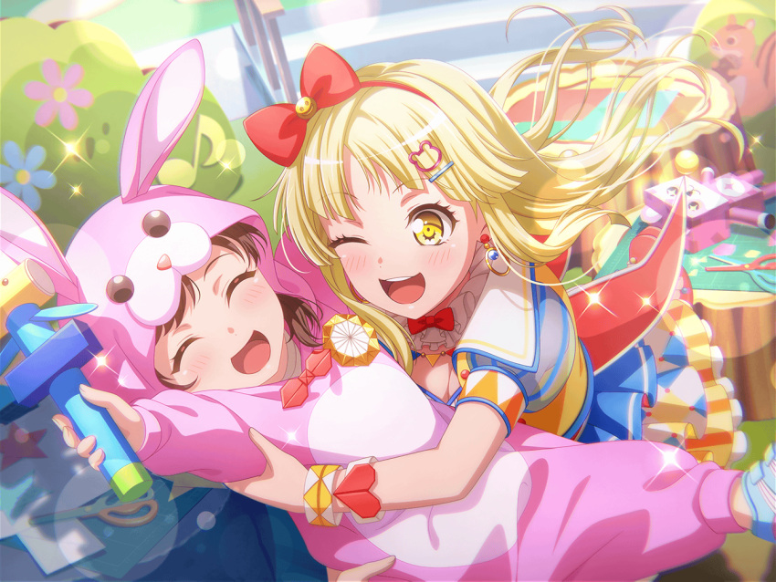 2girls bang_dream! blonde_hair blush bunny_hood character_request closed_eyes dress earrings long_hair michelle_(bang_dream!) official_art open_mouth red_bow smile sparkle tsurumaki_kokoro wink yellow_eyes young