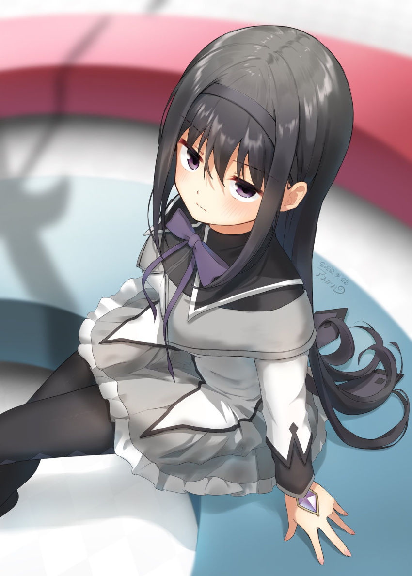 1girl akemi_homura asukaru_(magika_ru) black_hair black_hairband black_pantyhose black_sailor_collar blurry blurry_background bow bowtie closed_mouth feet_out_of_frame frilled_skirt frills from_above grey_skirt hair_between_eyes hairband highres indoors long_hair long_sleeves looking_at_viewer looking_up magical_girl mahou_shoujo_madoka_magica pantyhose purple_bow purple_bowtie sailor_collar shirt sitting skirt solo very_long_hair violet_eyes white_shirt