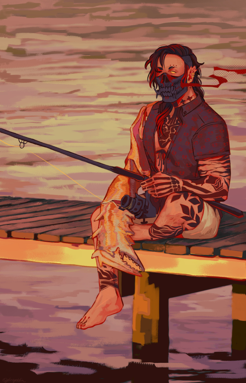 absurdres arm_tattoo barefoot blaseball chest_tattoo crab_claw crab_print day dock ear_piercing fishing_rod full_body heart heart_tattoo highres leg_tattoo mask nagomi_mcdaniel outdoors piercing sitting solo stainedglassgoblin tattoo teeth water yellow_eyes